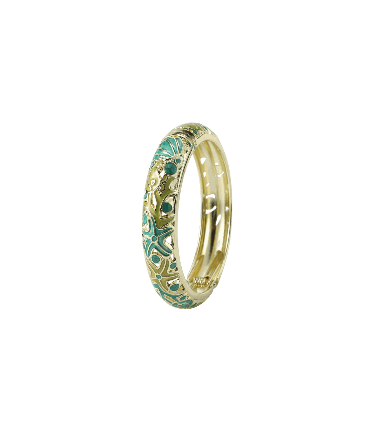 MERMAIDIA BANGLE IN JUNGLE, a gold-tone metal bangle with ornate green and turquoise enamel patterns and raised details.