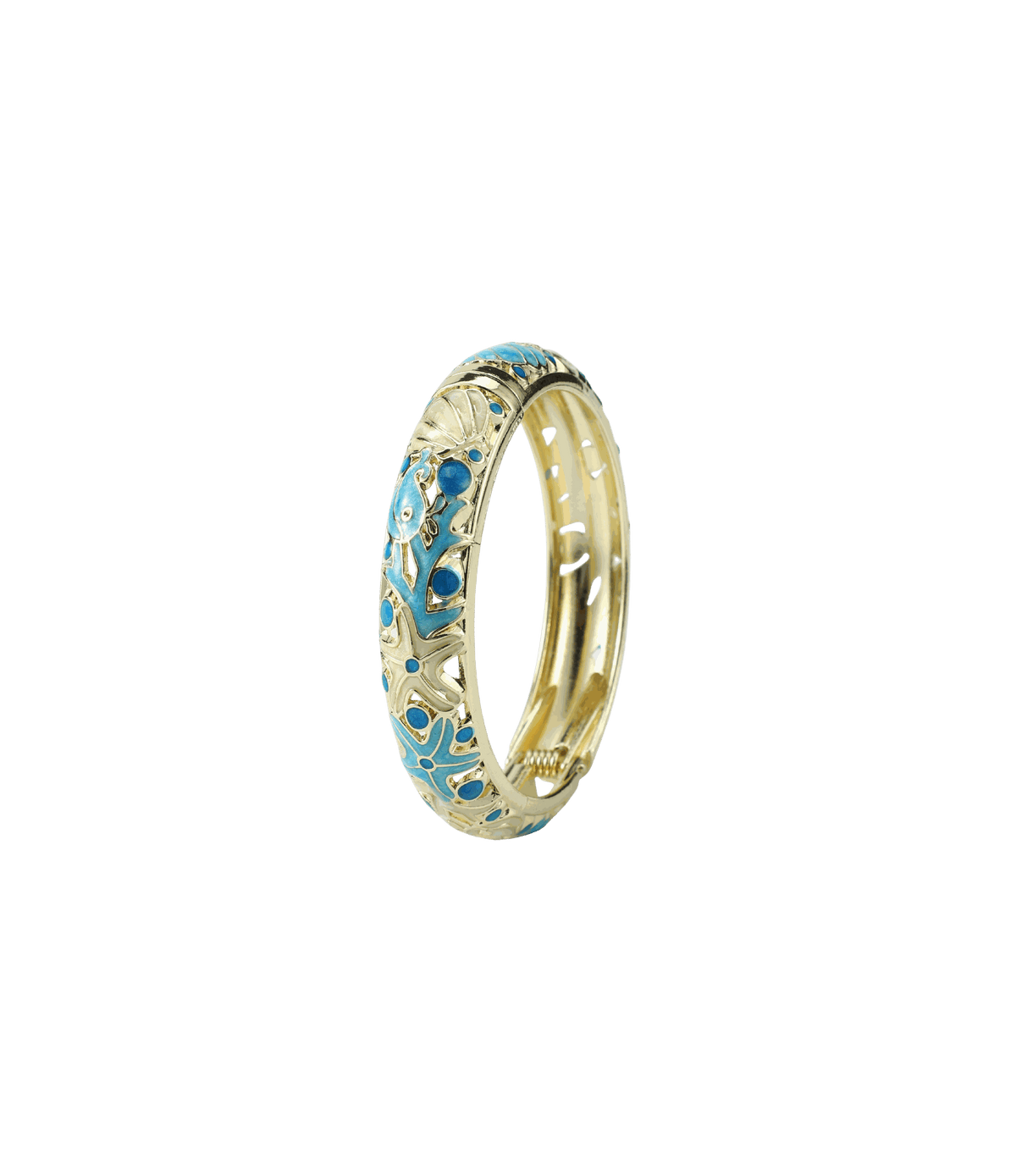 MERMAIDIA BANGLE IN LAGOON, gold-tone metal bangle with turquoise enamel, ornate scrollwork and blue accents.