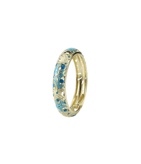 MERMAIDIA BANGLE IN LAGOON, gold-tone metal bangle with turquoise enamel, ornate scrollwork and blue accents.