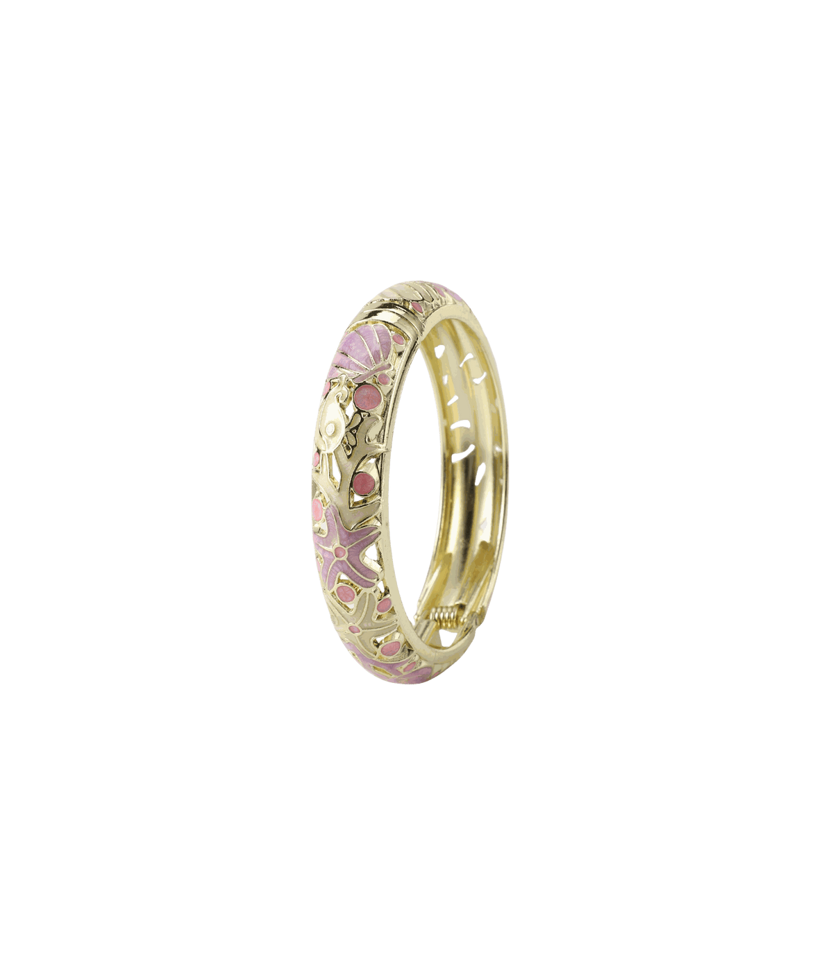 MERMAIDIA BANGLE IN LILAC, gold-tone metal bangle with lilac enamel, intricate floral detailing and pink accents.