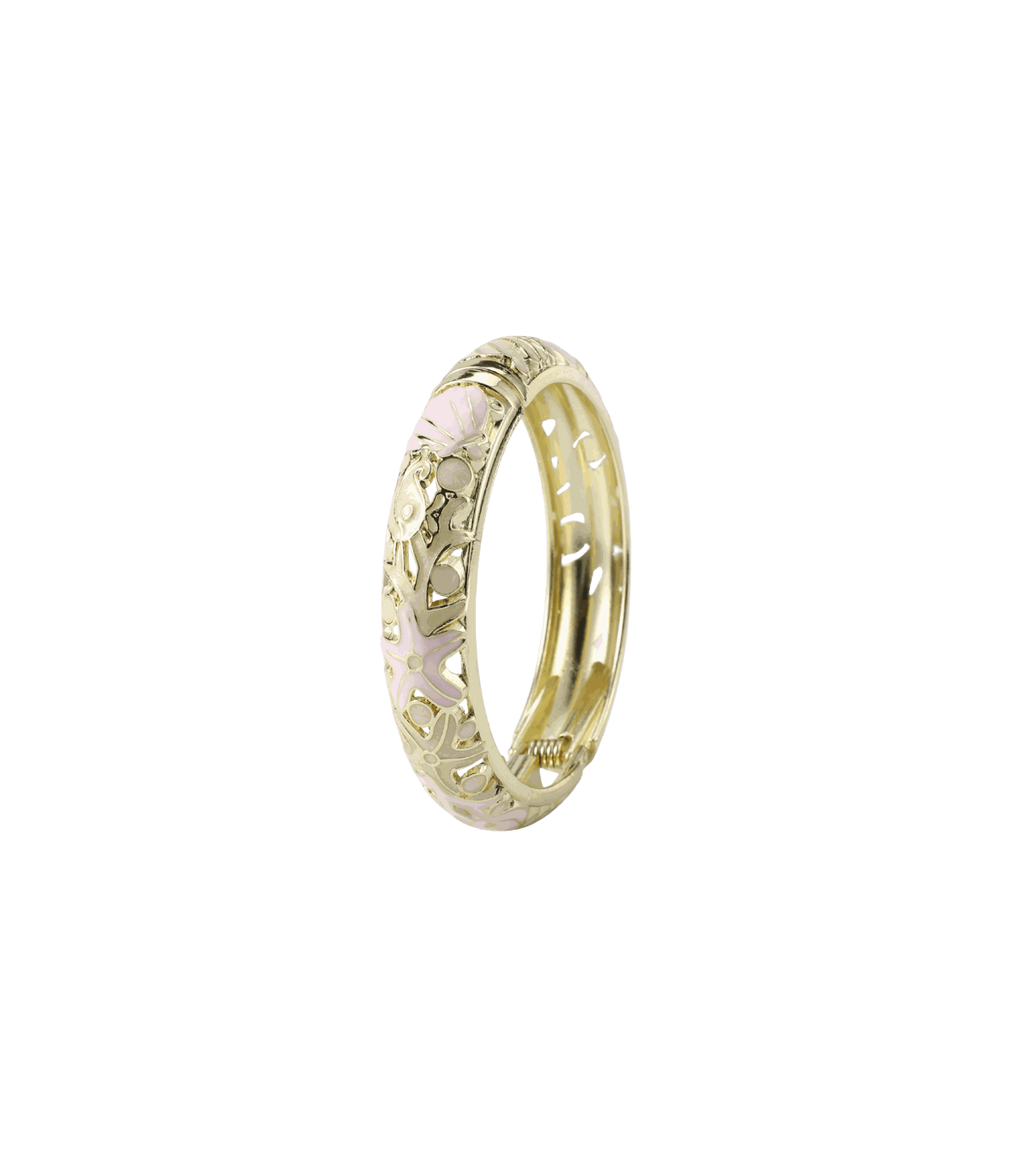MERMAIDIA BANGLE in gold-tone metal with pale pink enamel, featuring ornate raised floral and scrollwork details.