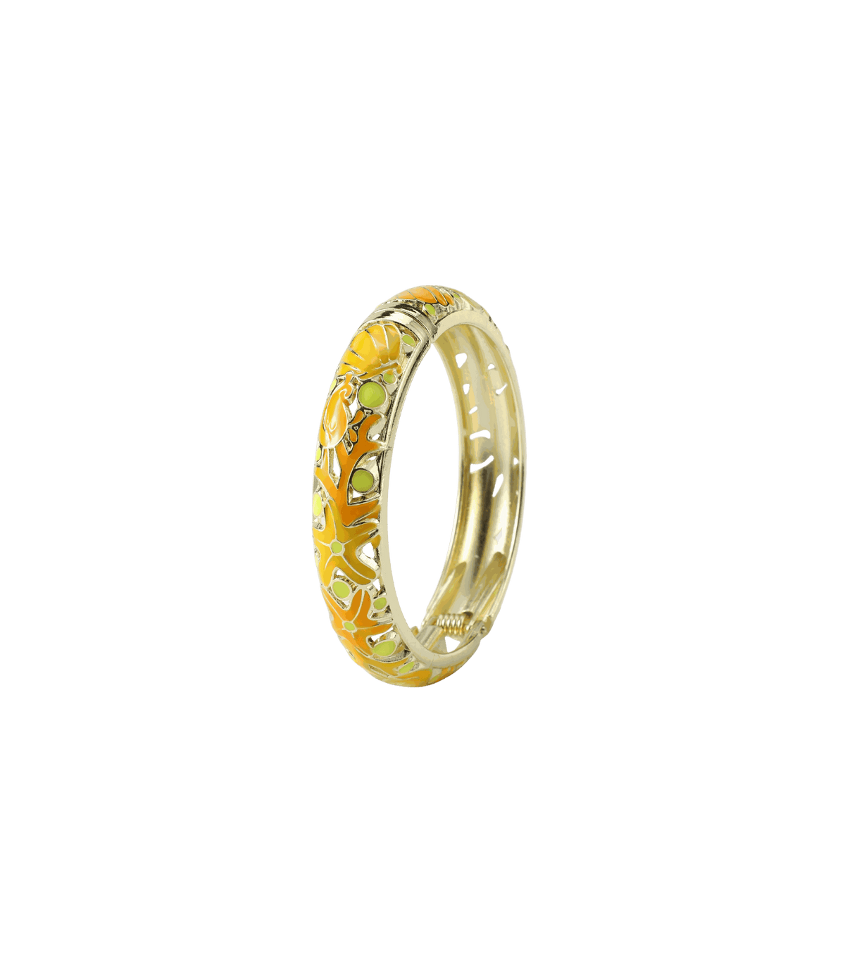 MERMAIDIA BANGLE IN SUNSET, gold-tone metal bangle with glossy yellow, orange and green enamel and an ornate cutout pattern.