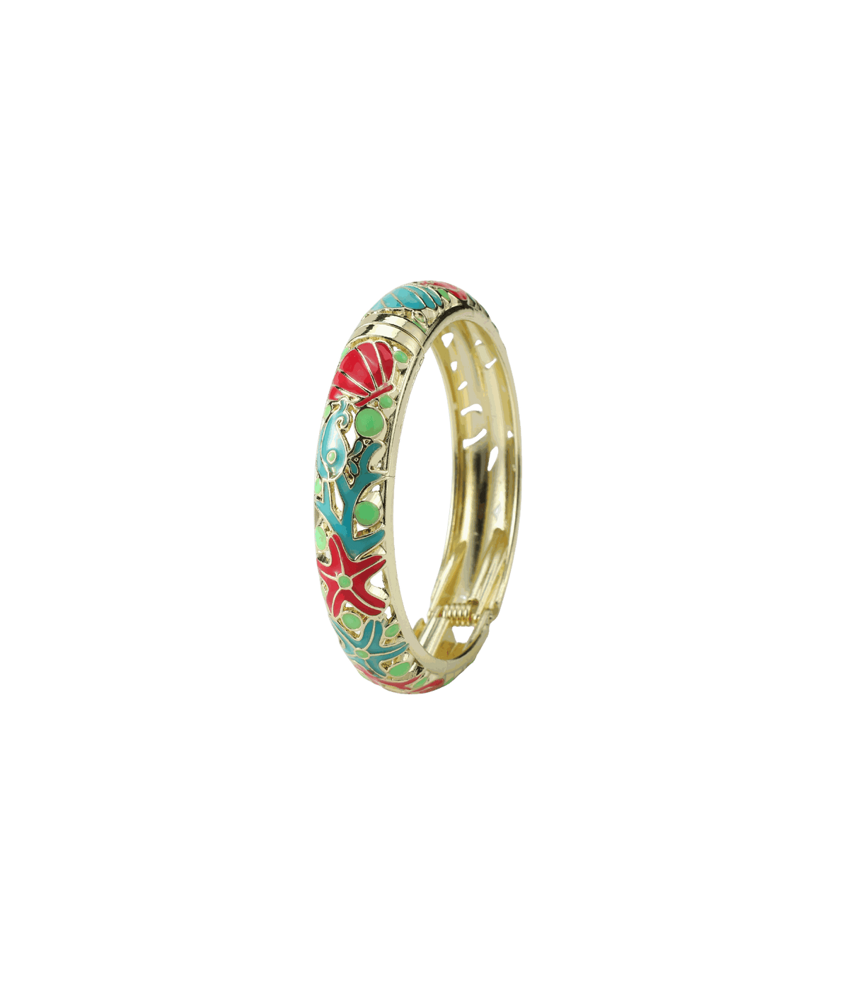 Enamel bangle in gold-tone metal with red, turquoise, and green ocean-inspired motifs, MERMAIDIA BANGLE IN WATERMELON.