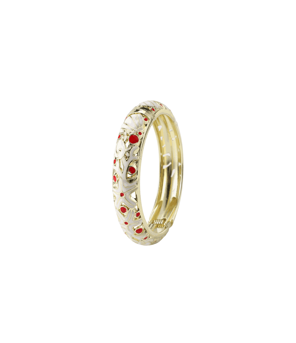 MERMAIDIA BANGLE IN WHITE, gold-tone metal with white enamel, ornate openwork and red jewel-like accents.