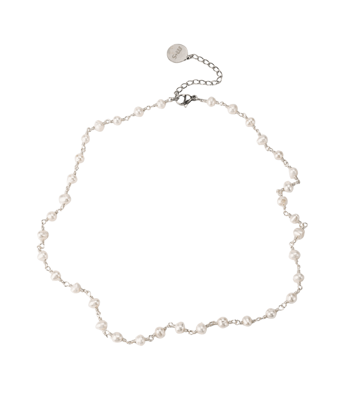 Freshwater pearl necklace with small irregular white pearls and a silver-tone chain, Mimi Pearl Necklace - Freshwater pearl necklace.