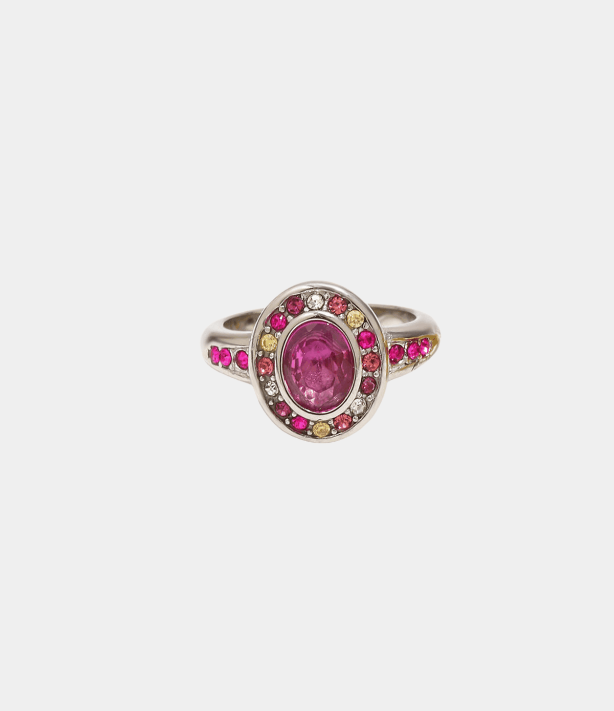 Minette Ring with a silver-tone metal band, oval pink centre stone, and a halo of pink and clear stones