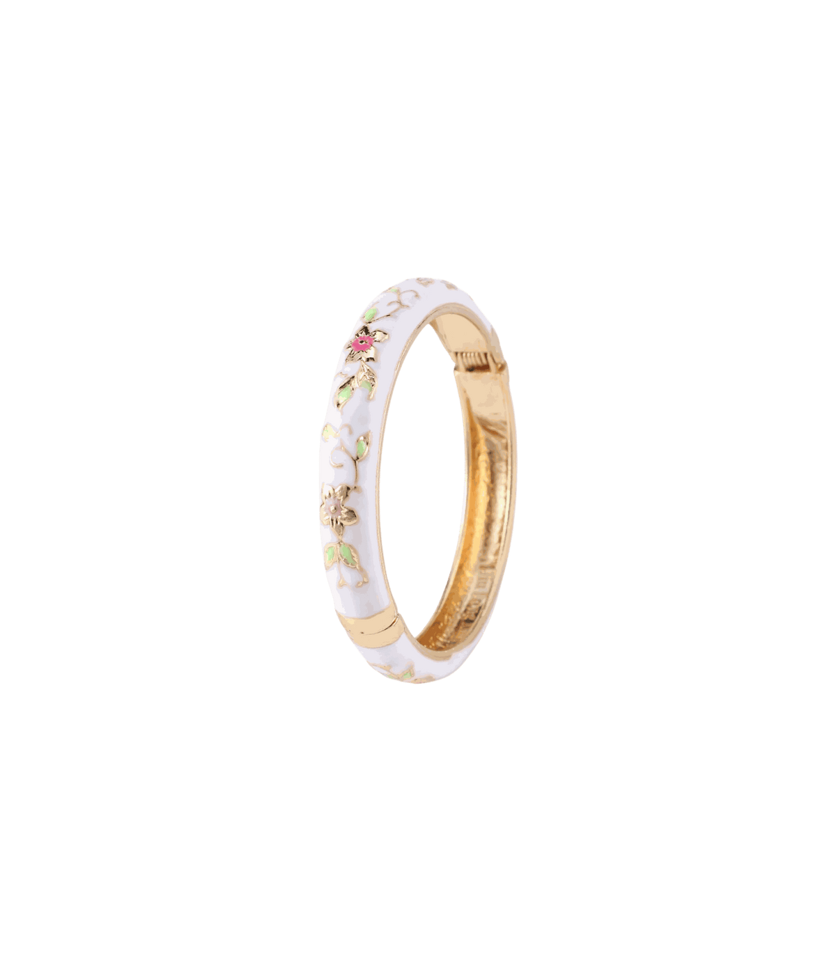 MIRA BANGLE IN WHITE enamel bangle with a gold-tone interior and delicate multicolour floral vine details