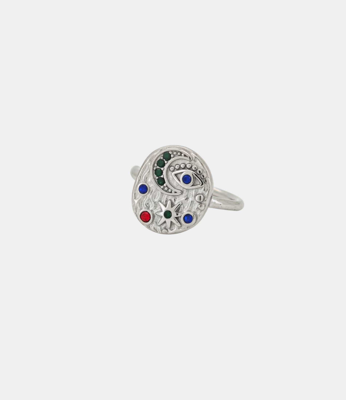 Moon Sonnet Ring in Multicolour, silver-tone metal with a round engraved face and blue, green, and red accents