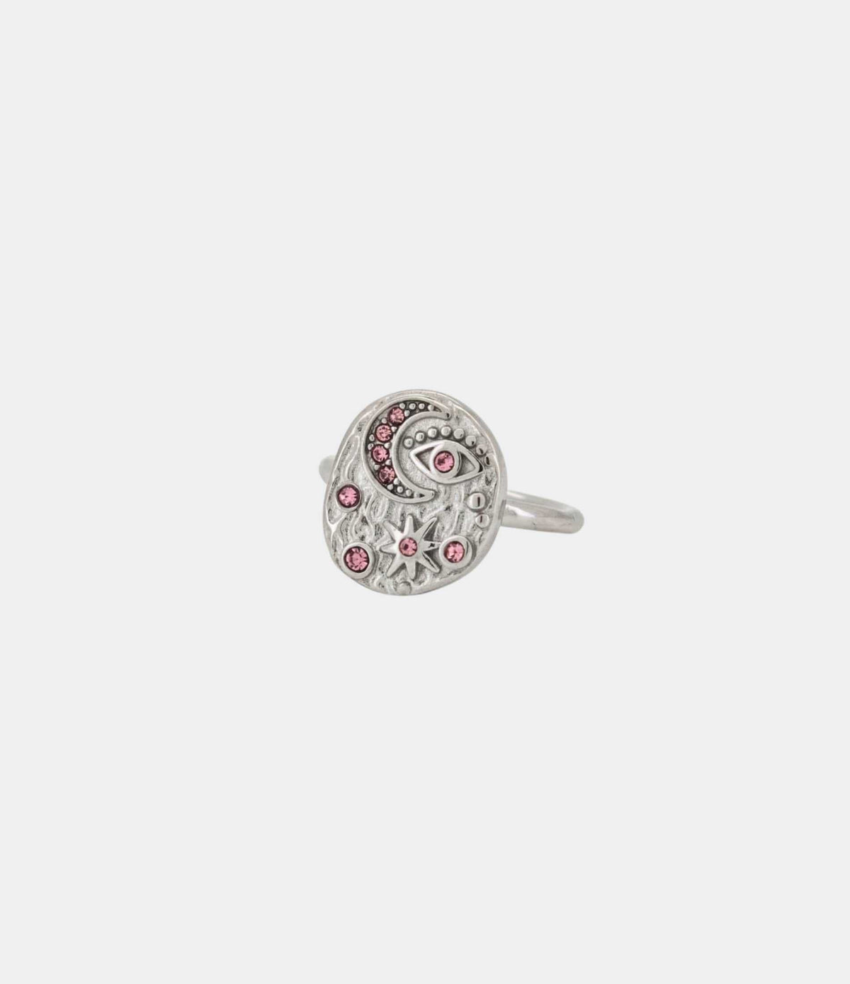 Moon Sonnet Ring in Pink, silver-toned sculptural ring with an oval moon-inspired face and pink stones