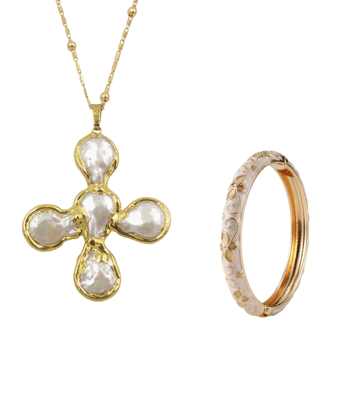 STARGIRL101: THE ESSENTIAL SET, gold-tone necklace with a four-pearl floral pendant and cream bangle with gold floral details