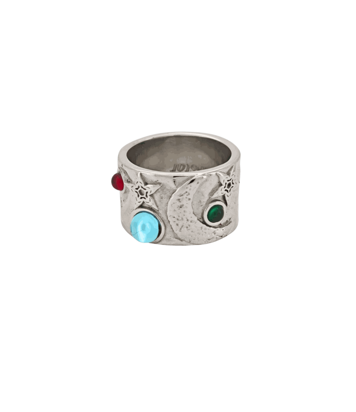 Nefeli Moon Ring in silver-tone metal with engraved moon and star motifs, accented by blue, green and red stones