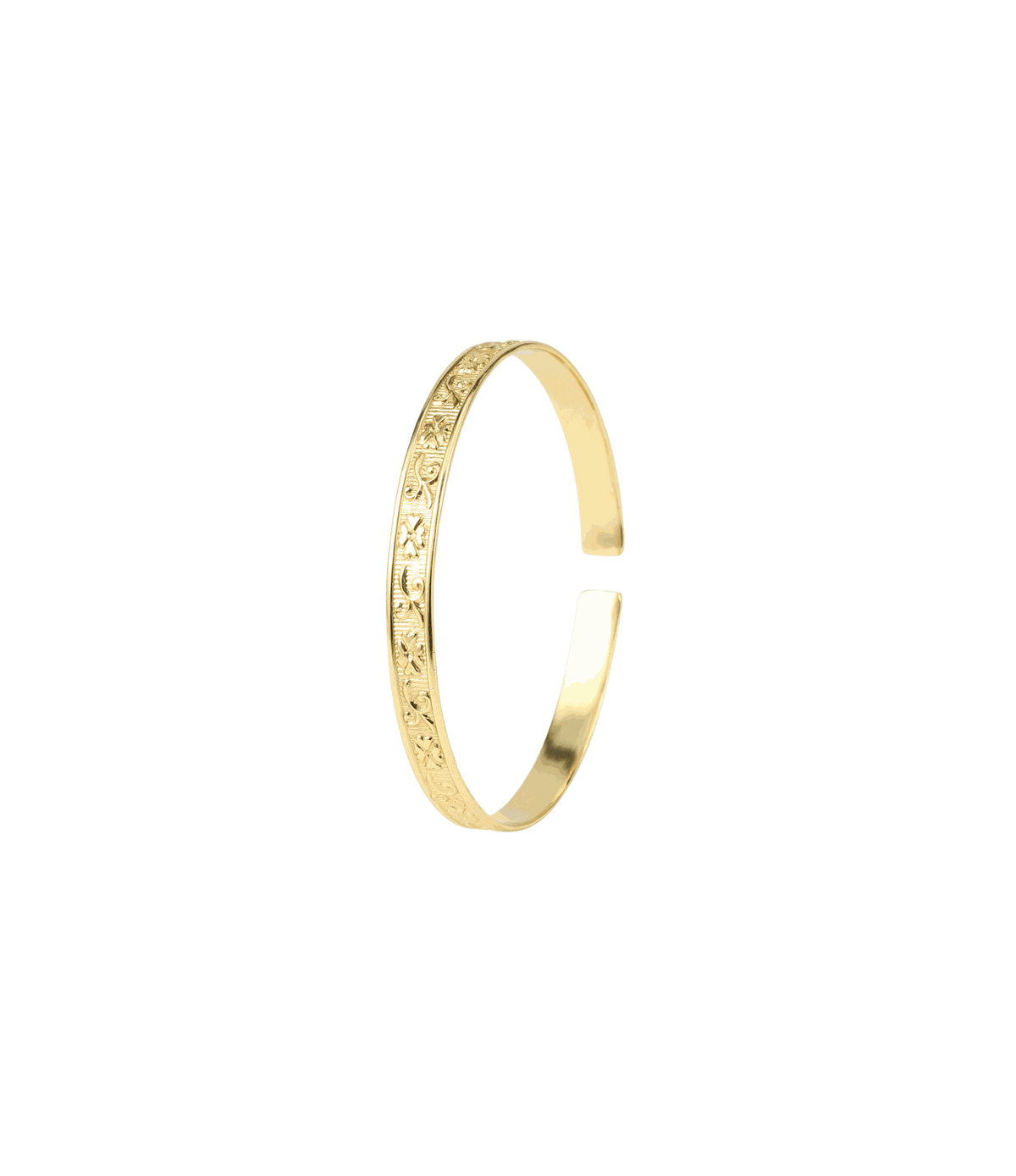 Nila Bangle - Engraved Open cuff design, gold-tone open cuff with an engraved patterned band and smooth ends
