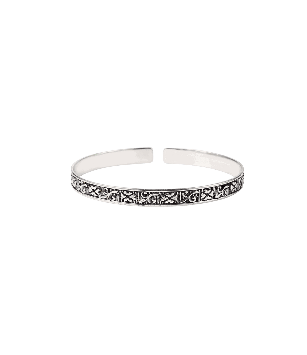 Nila Bangle - Engraved Open cuff design, silver-tone open cuff bangle with intricate floral engraving and a slim band
