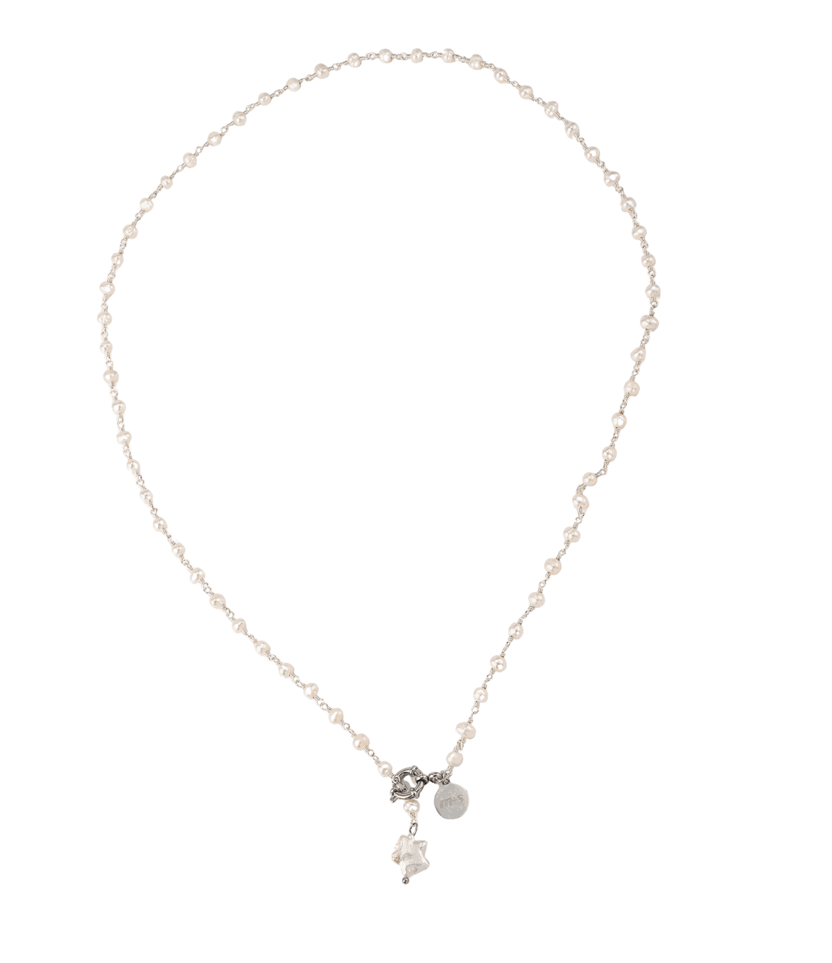 ODETTE PEARL NECKLACE in silver-tone metal with small pearls and a delicate Y-shaped drop featuring pearl charms