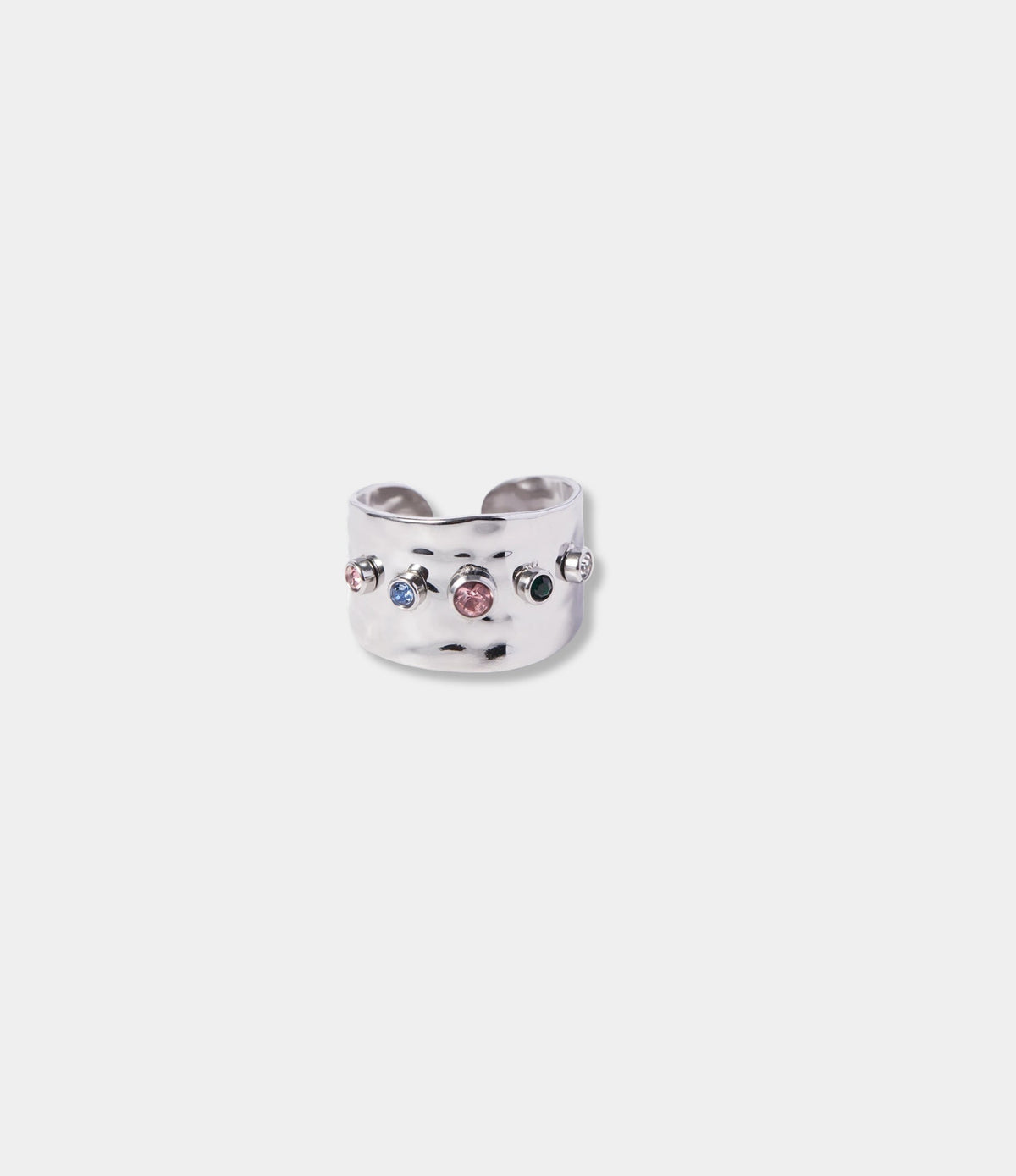 Odette Ring, polished silver-tone stainless steel band with colorful round gemstones set in a wide adjustable design.