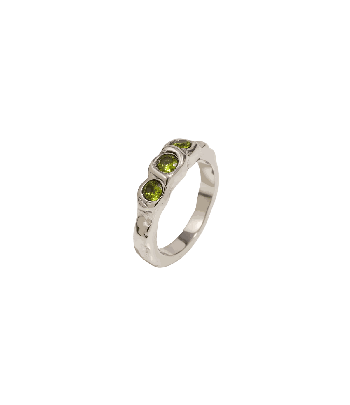 Olive Ring with a polished silver-tone band and three oval olive-green stones set along the front