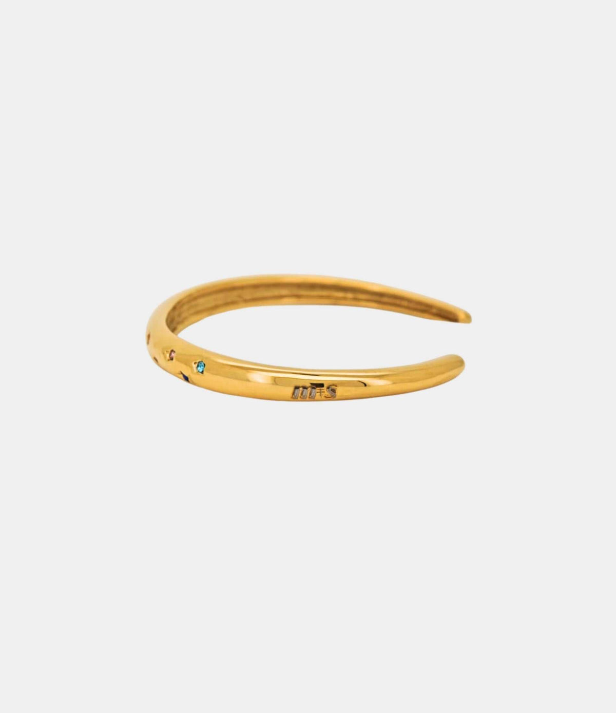Olivia Bangle in Multicolour, a slim gold-toned open bangle with tiny blue and multicoloured stone details