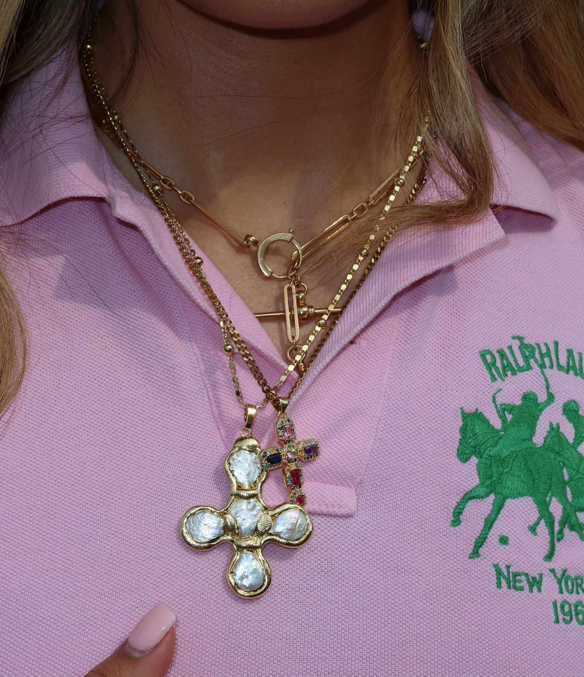 Olympia Necklace with layered gold-tone chains, mixed links and a sparkling multi-stone cross pendant