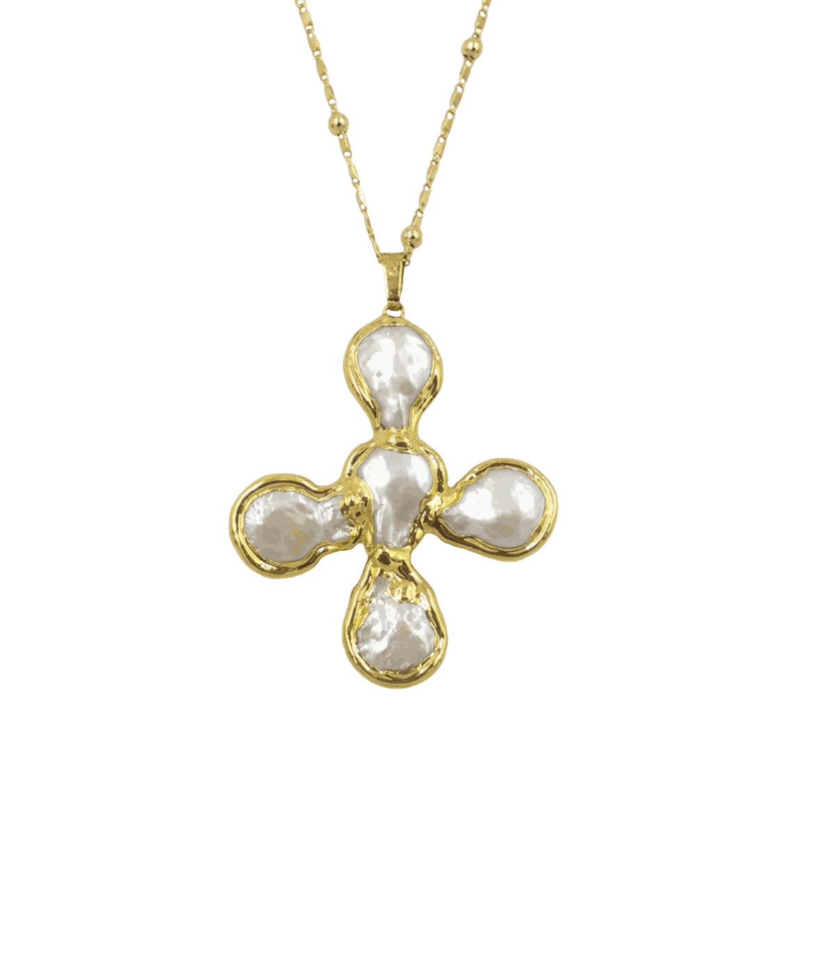 Olympia Necklace with a gold-tone chain and four-lobed pendant featuring irregular white pearlescent insets