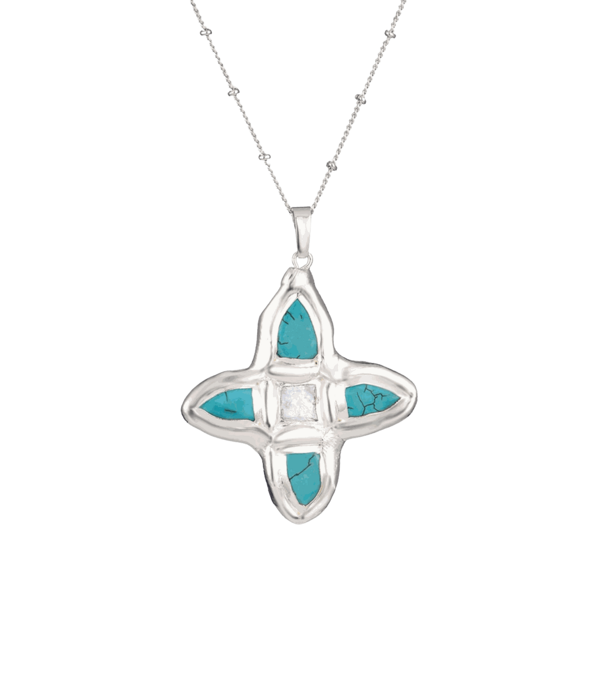 OPHELIA NECKLACE IN BLUE silver-tone chain necklace with a turquoise and pale stone cross pendant in a polished setting.