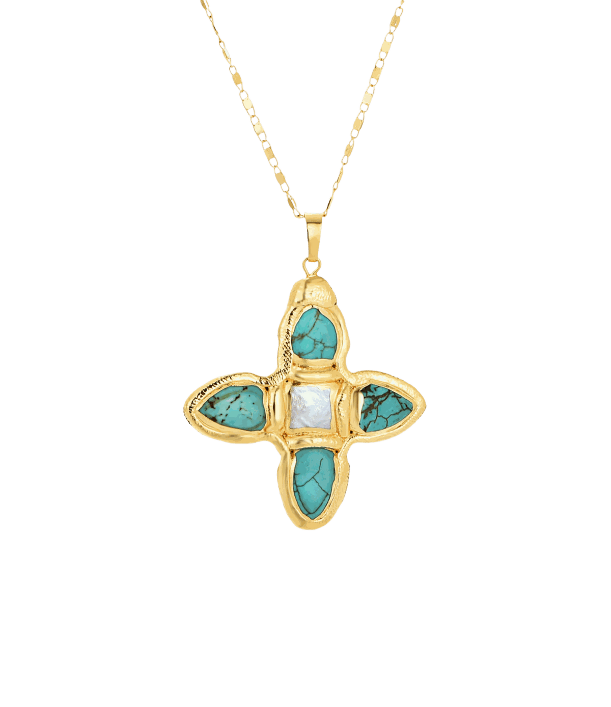 OPHELIA NECKLACE IN BLUE with a gold-tone chain and cross pendant featuring turquoise stones and a pale blue center stone.