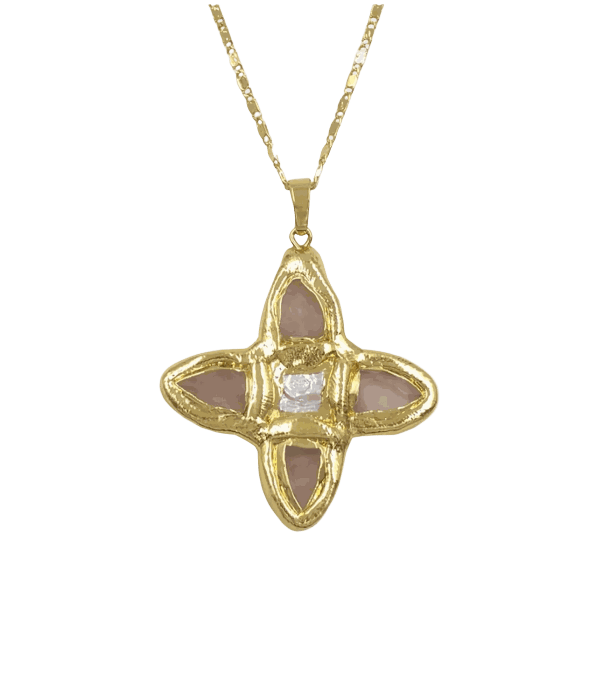 OPHELIA NECKLACE IN PINK with a gold-tone chain and ornate cross-shaped pendant featuring pink and clear stones.