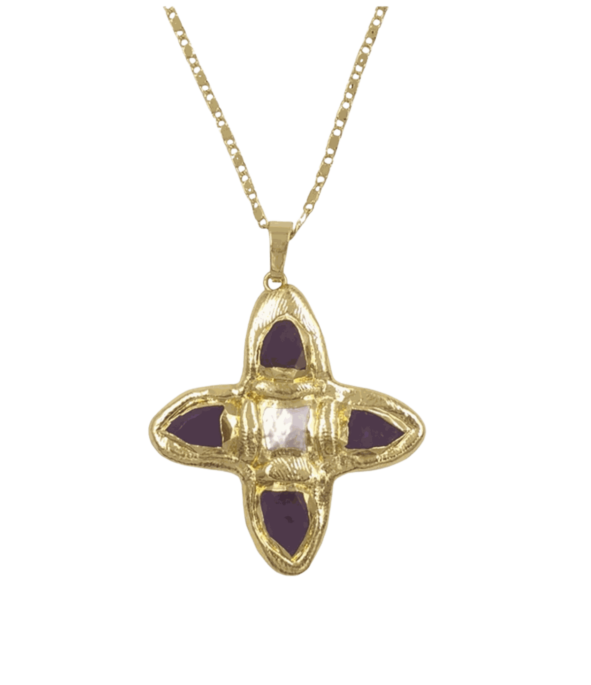 Gold-toned OPHELIA NECKLACE IN PURPLE with a chunky cross-shaped pendant set with deep purple stones and a central clear stone.
