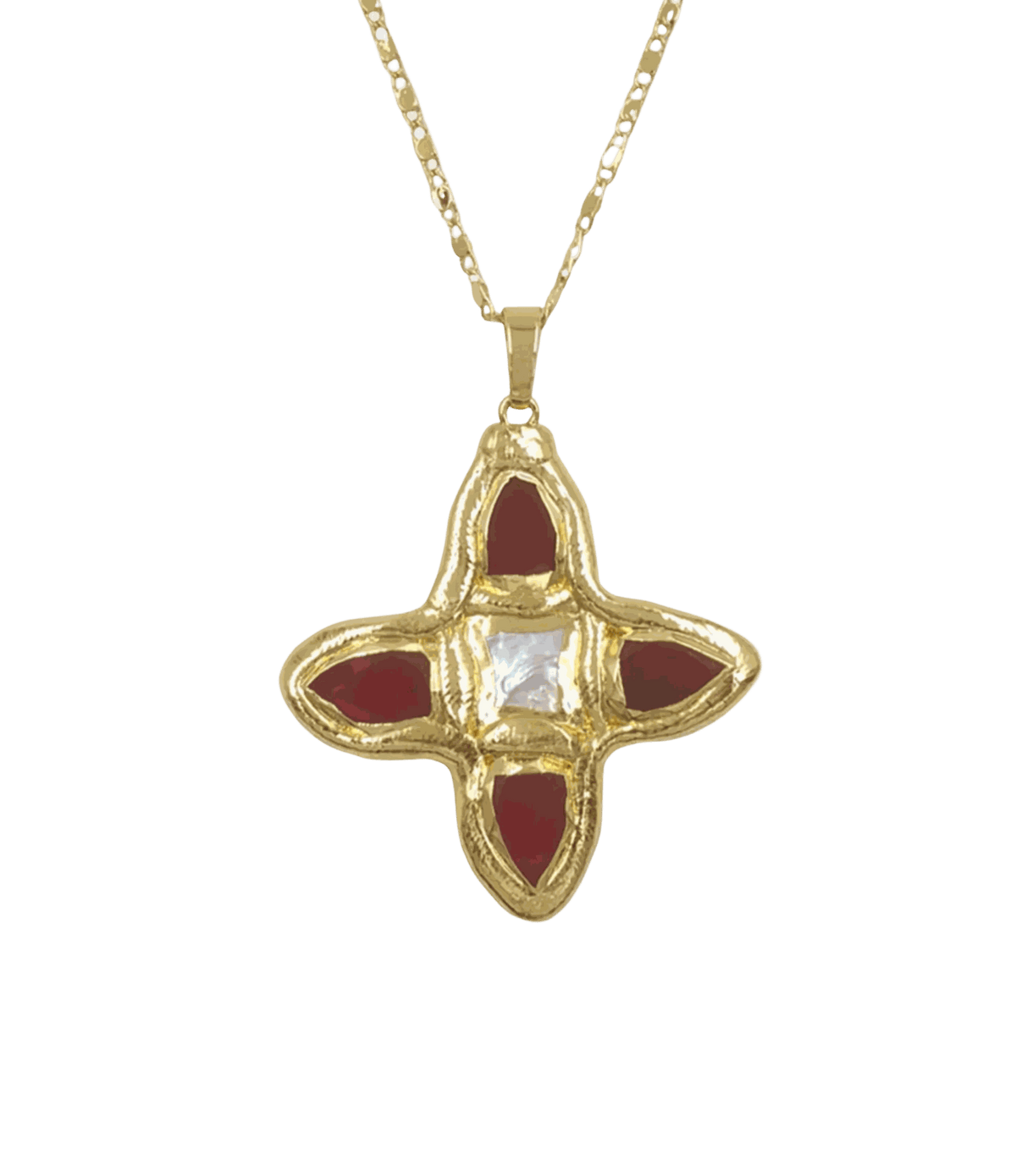Ophelia Necklace In Red - 18ct gold plated necklace with red details, featuring a quatrefoil pendant and clear centre stone.