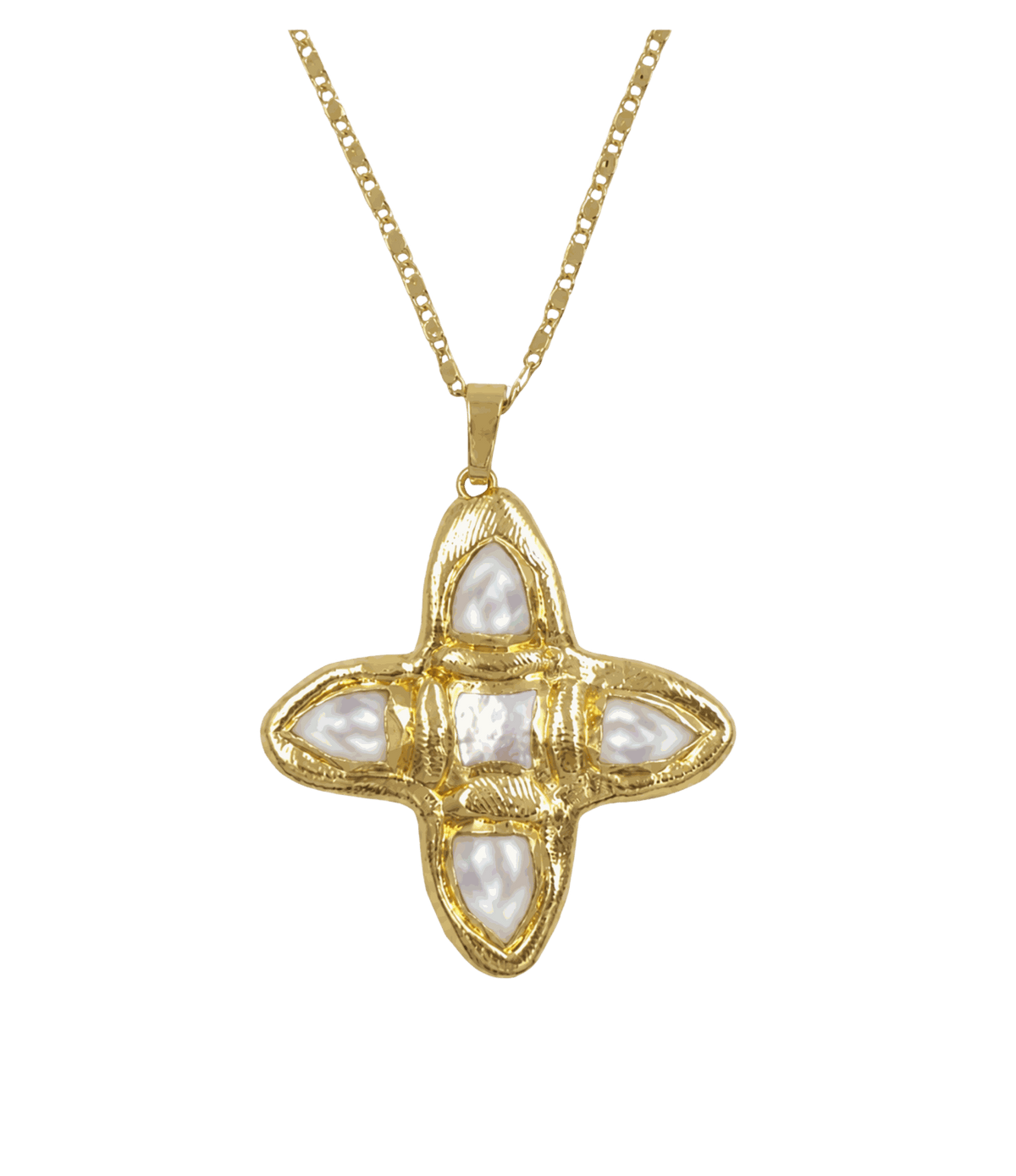 OPHELIA NECKLACE IN WHITE, gold-tone chain with a sculpted four-point pendant set with pearly white stones.