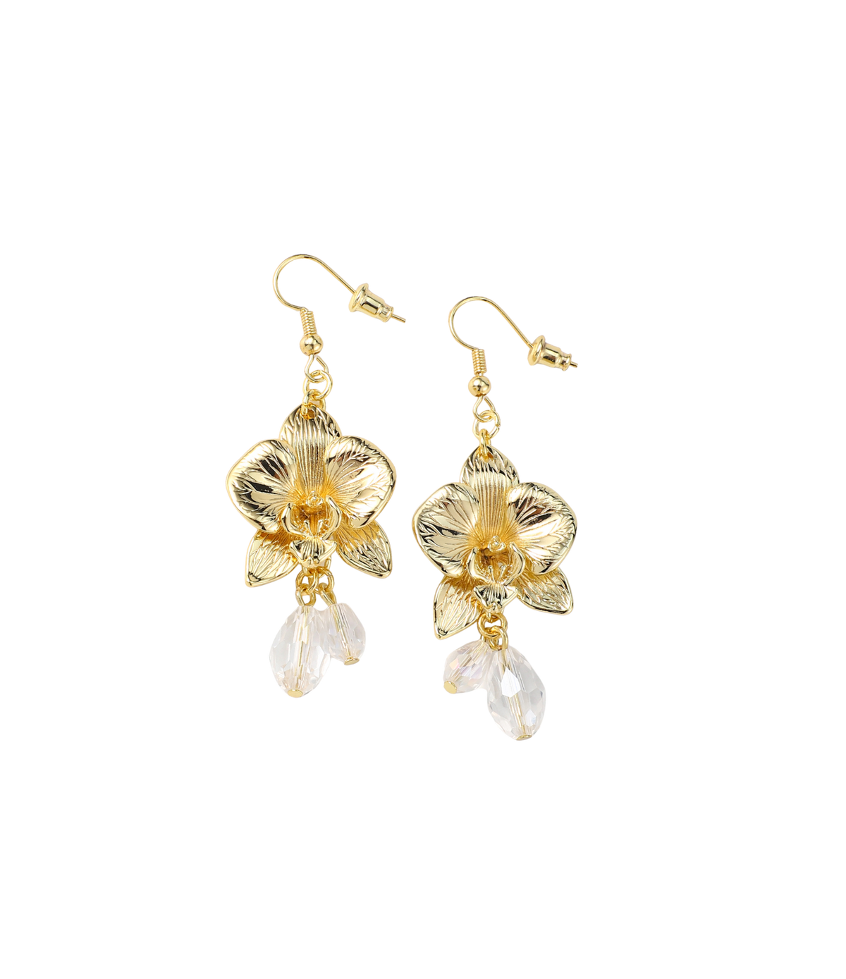 ORCHID AFFAIR EARRINGS in gold-tone metal, featuring sculpted orchid flowers and dangling clear faceted drops.