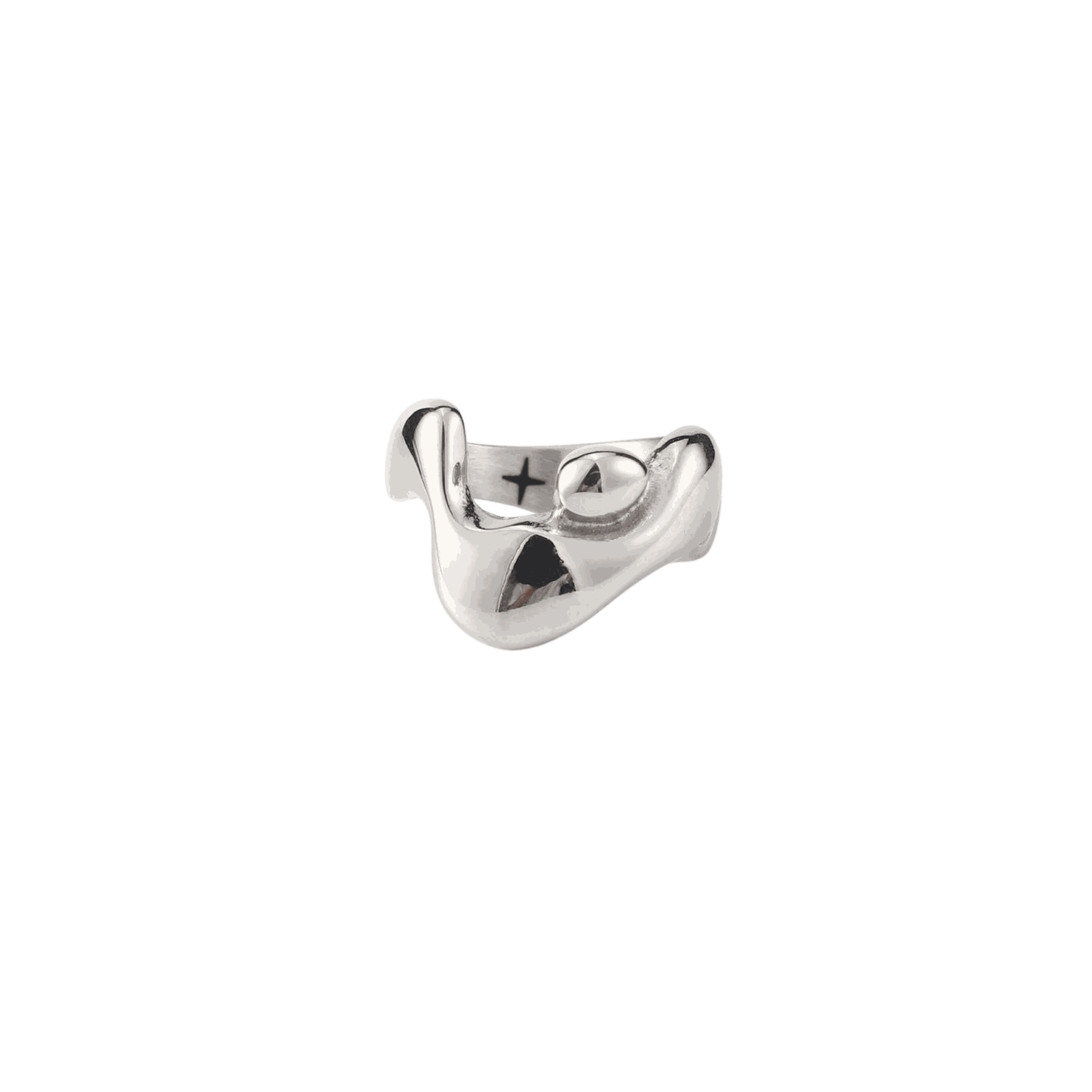 Sculptural silver stainless steel ring with a polished, fluid asymmetric molten-metal shape; CHERRY ITALIAN CHARM BRACELET is unrelated.