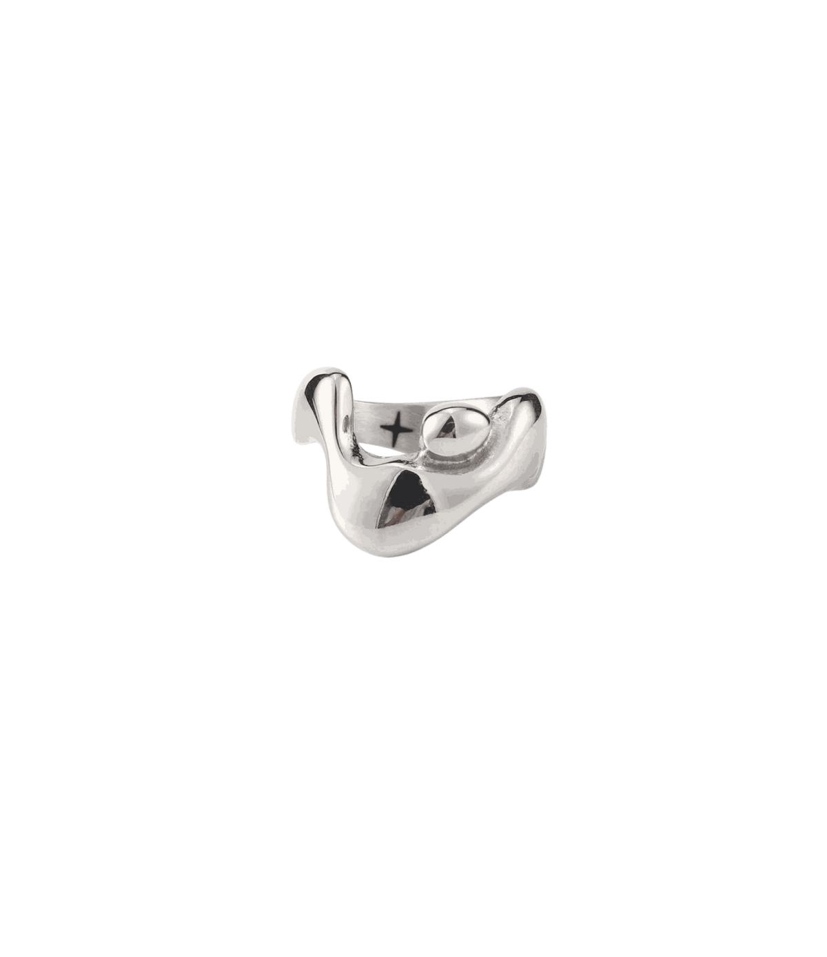 Sculptural silver stainless steel ring with a polished, fluid asymmetric molten-metal shape; CHERRY ITALIAN CHARM BRACELET is unrelated.