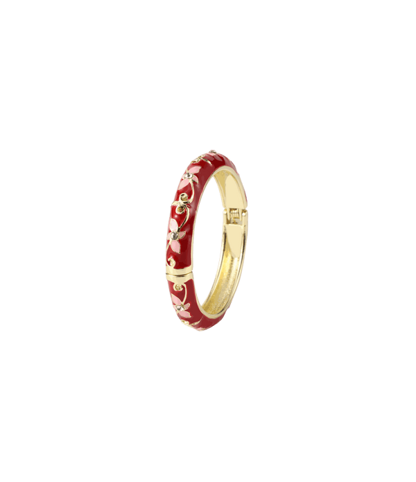PETIT FLEUR BANGLE in glossy berry-red enamel with gold-tone metal, decorated with delicate pink flowers and green leaves.