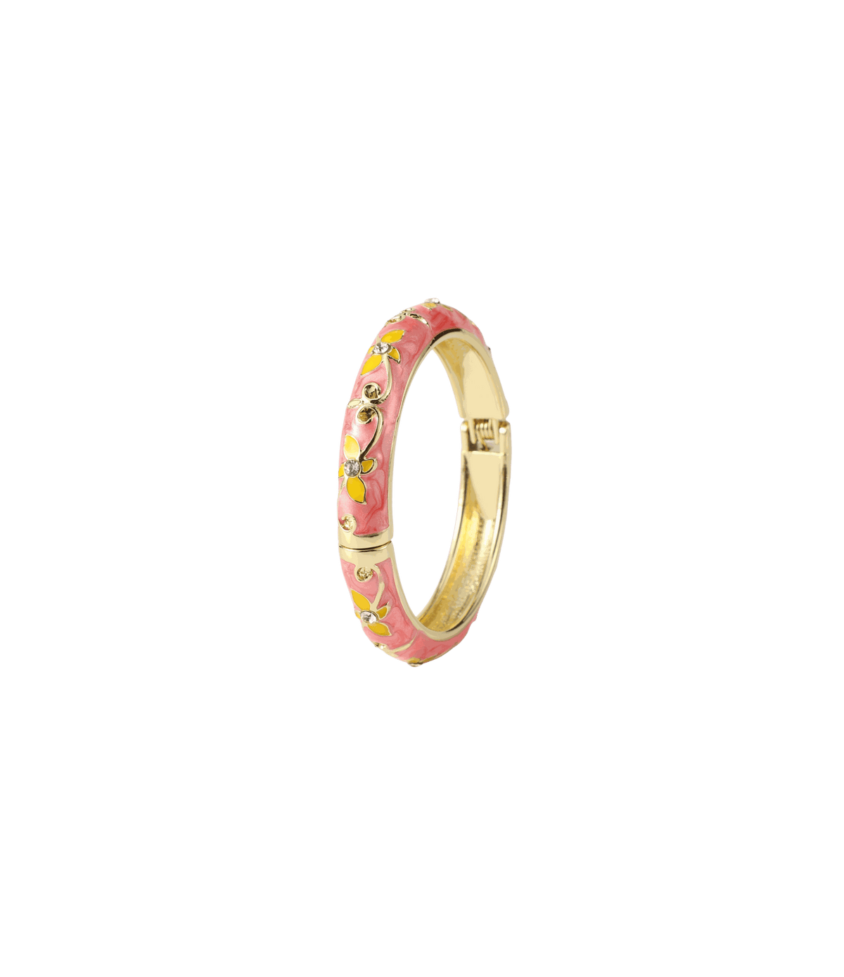 PETIT FLEUR BANGLE in gold-tone metal with pink enamel and raised floral details, featuring a hinged clasp.