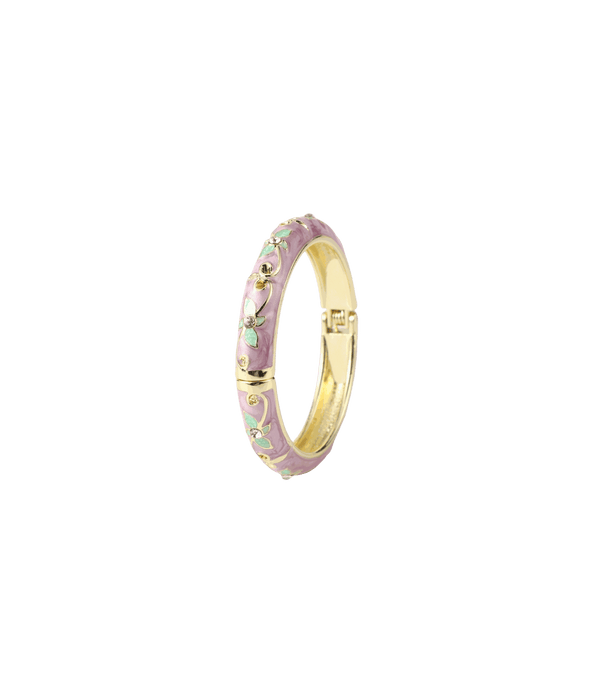 PETIT FLEUR BANGLE in gold-tone metal with pink and green enamel floral detailing and a hinged clasp.