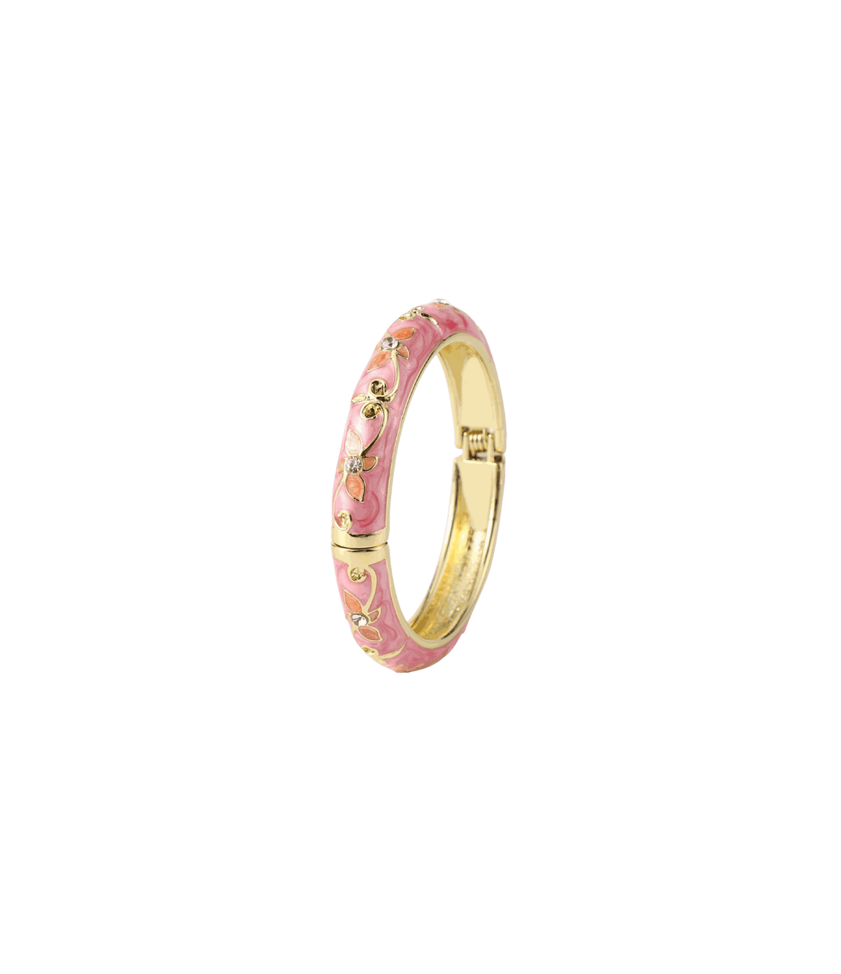PETIT FLEUR BANGLE in gold-tone metal with pink enamel, ornate floral scrolls and a hinged clasp.