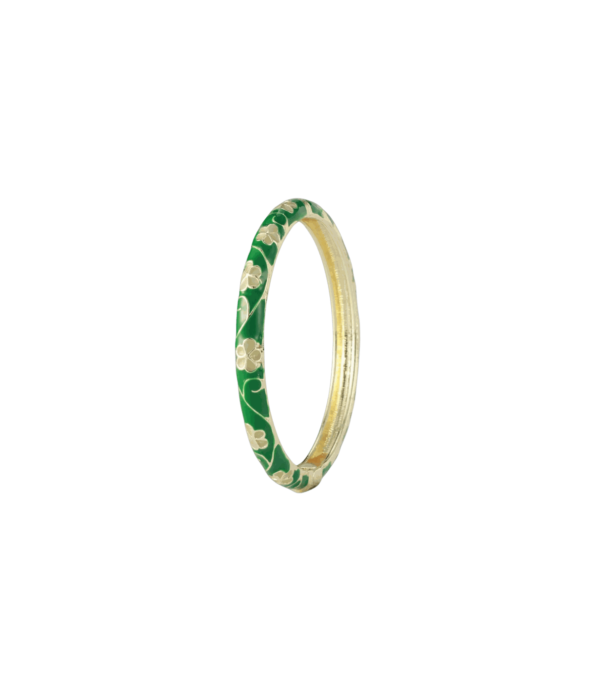 Pixie Bangle in Dark Green - Chinese cloisonné bangle with green enamel, cream floral motifs and a gold-tone edge