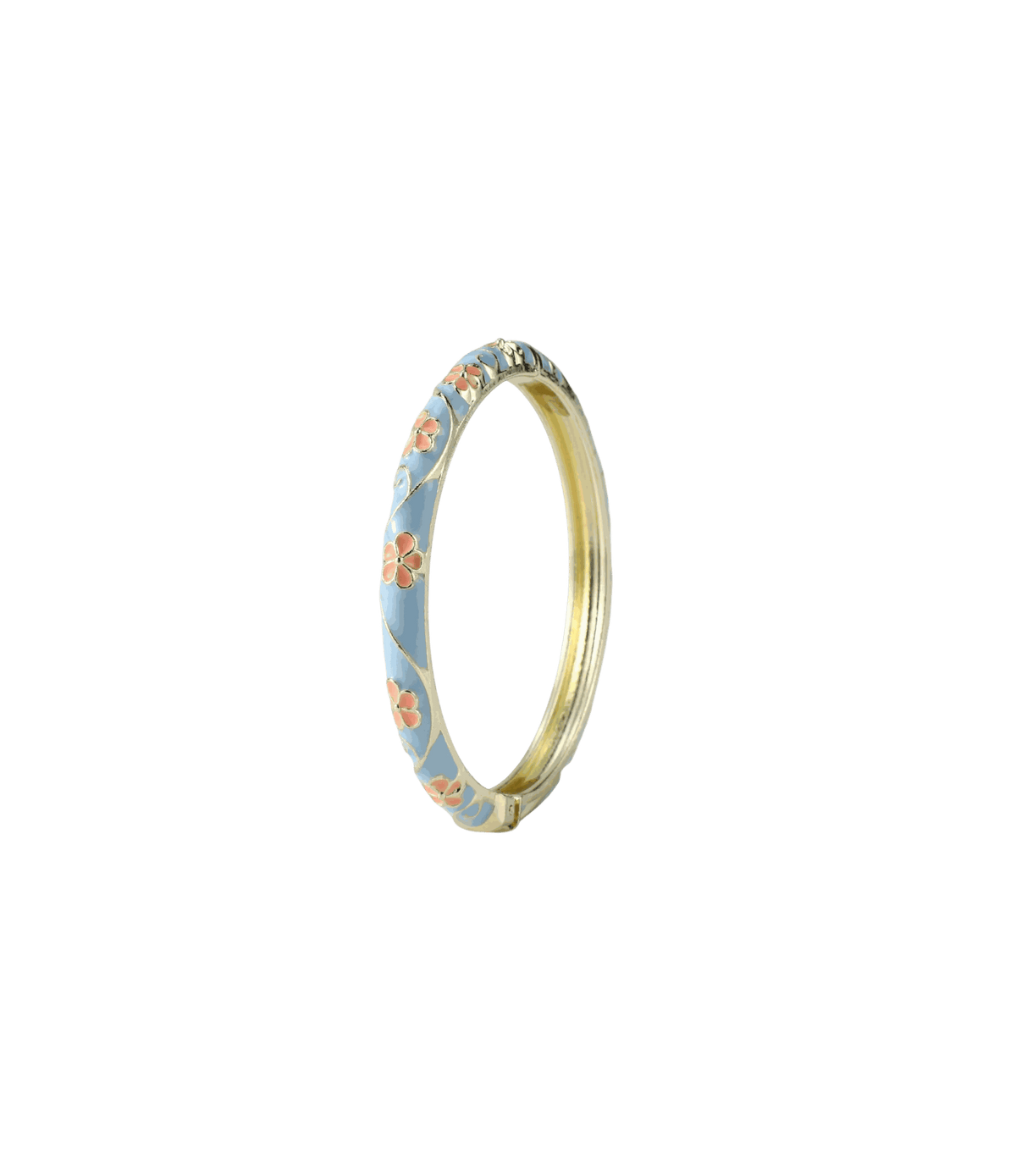 PIXIE BANGLE IN GOLDEN HOUR gold-tone metal bangle with pale blue enamel and a delicate peach floral pattern.