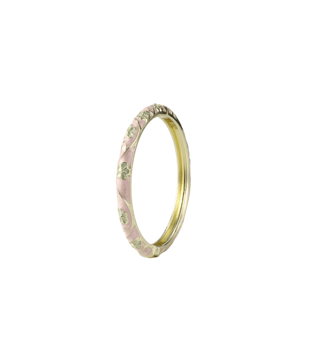 PIXIE BANGLE IN PINK enamel bangle with a pale pink band, delicate green floral pattern and gold-tone edges.