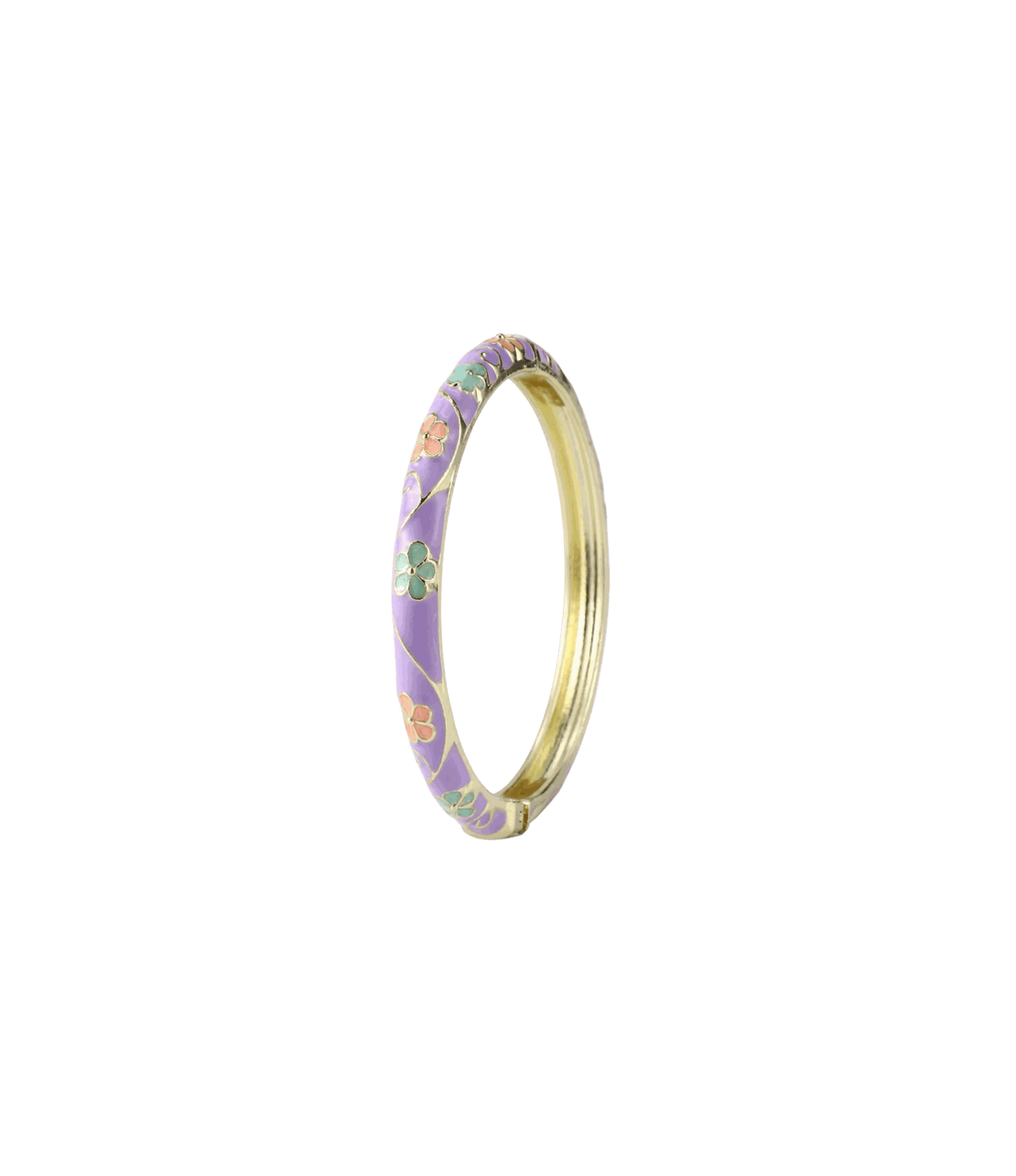 Enamel PIXIE BANGLE IN PURPLE DREAMS, a lilac and gold bangle with delicate multicoloured floral details.