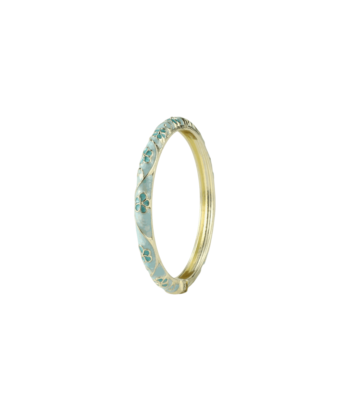 PIXIE BANGLE IN BLUEBELL, a slim gold-tone bangle with pale blue enamel and delicate floral detailing.