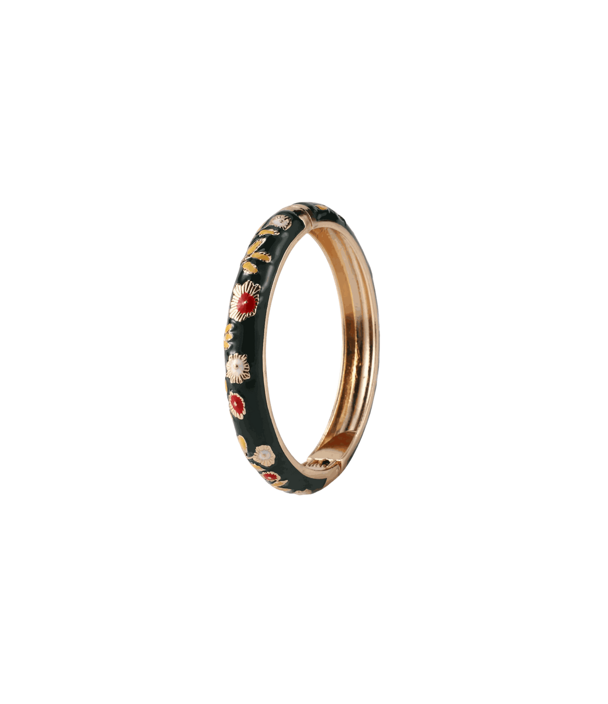 Poppy Enamel Bangle In Dark Green with glossy deep green enamel, gold-tone edges and small multicoloured floral details