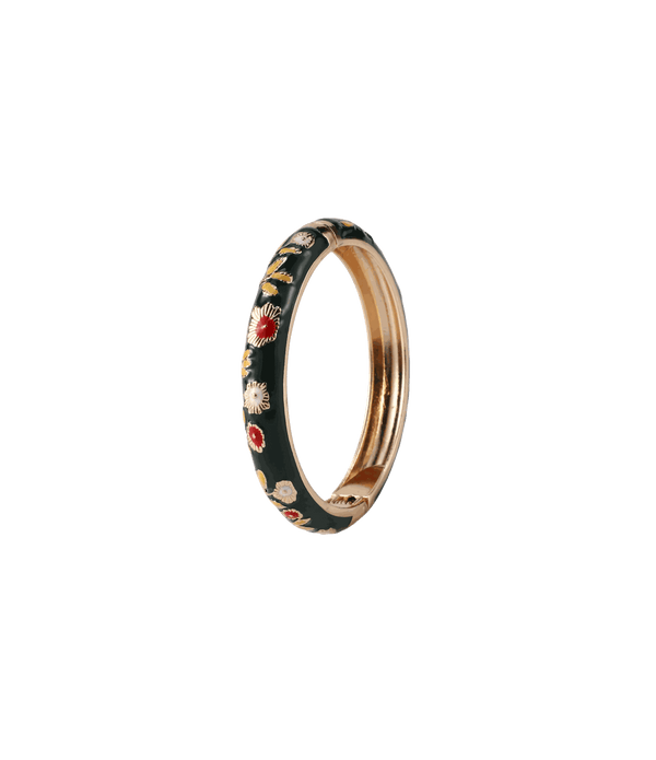 Poppy Enamel Bangle In Dark Green with glossy deep green enamel, gold-tone edges and small multicoloured floral details