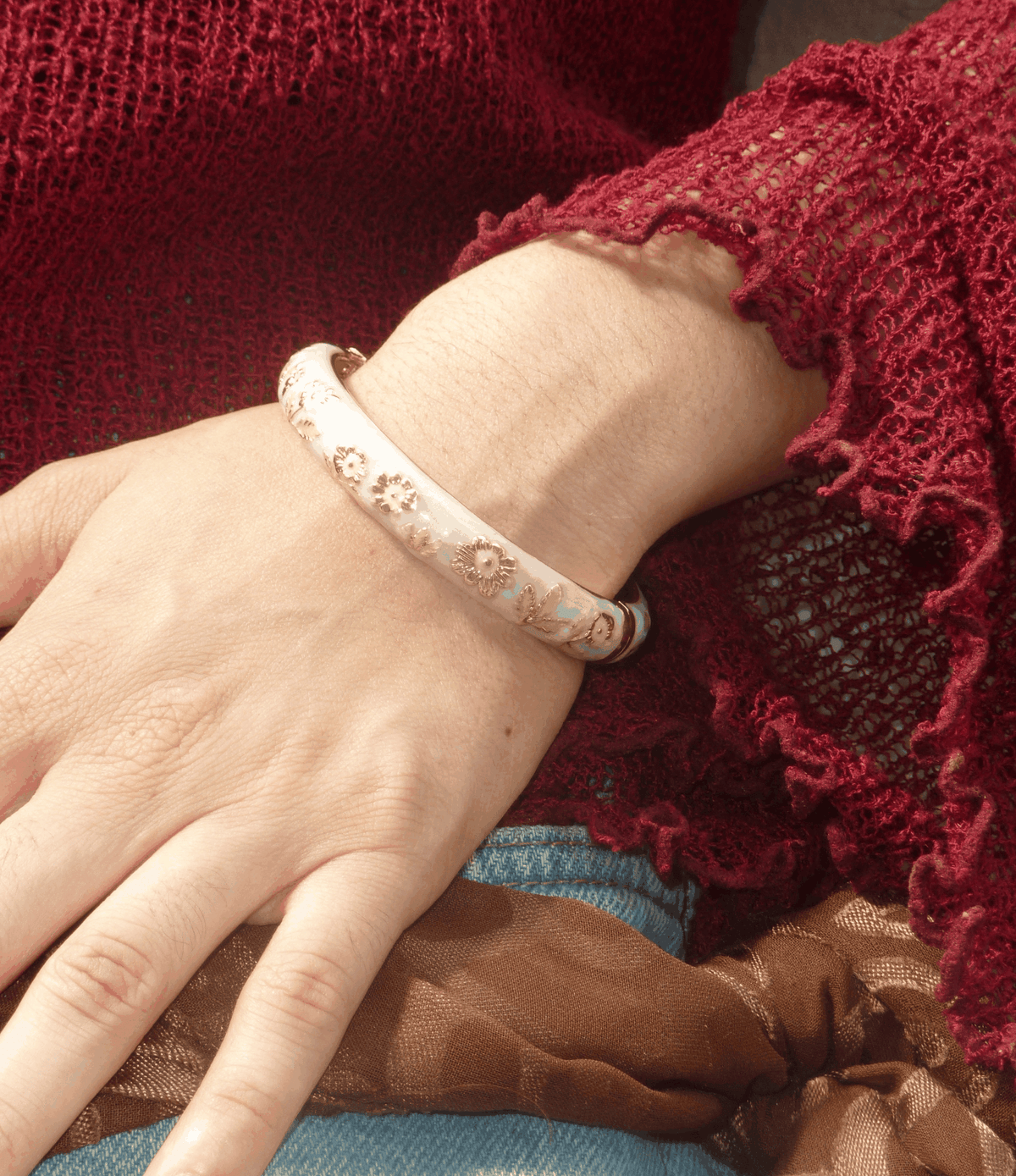 Poppy Enamel Bangle In Lilac - Chinese cloisonné bangle, a pale enamel band with delicate floral motifs and gold-tone detailing