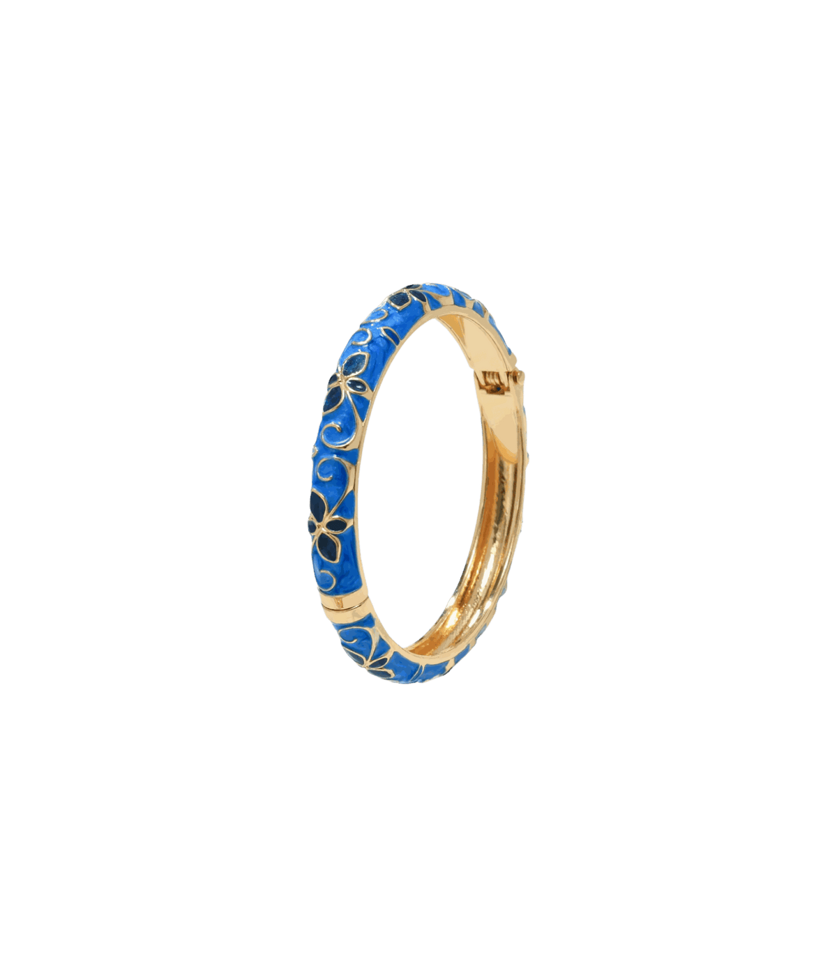 PRIMAVERA BANGLE IN BLUE, a gold-tone bangle with vivid blue enamel and delicate gold floral detailing