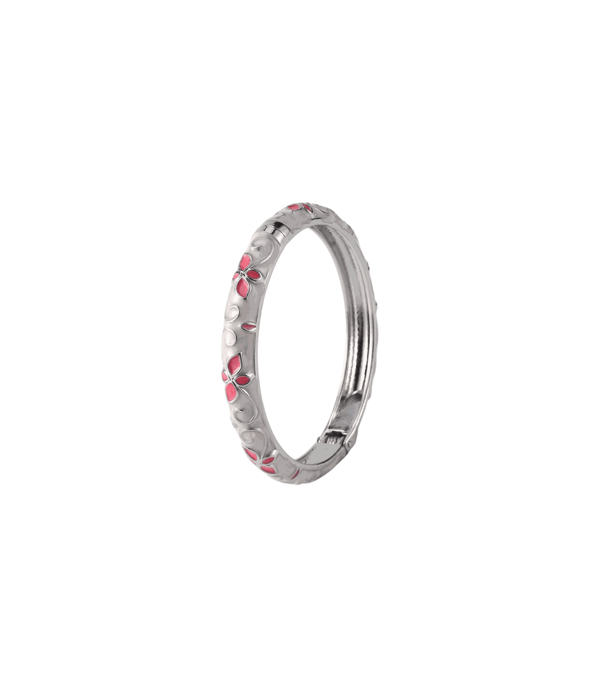 PRIMAVERA enamel BANGLE IN BLUSH, silver-tone metal with white enamel and pink floral accents, finished with a hinged clasp.