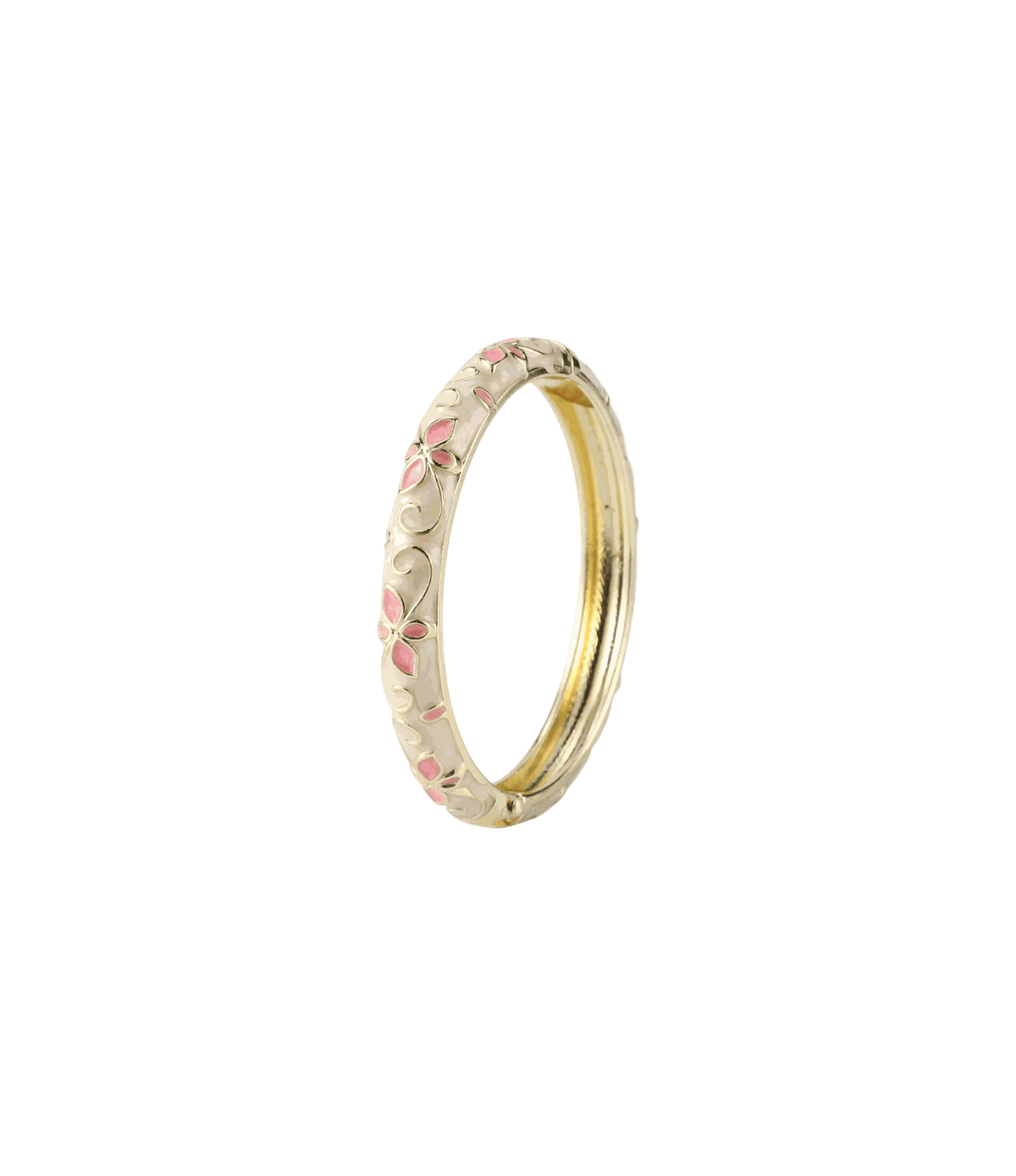 PRIMAVERA BANGLE IN PEACH, a slim gold-tone metal bangle with a cream enamel band and delicate peach floral details.