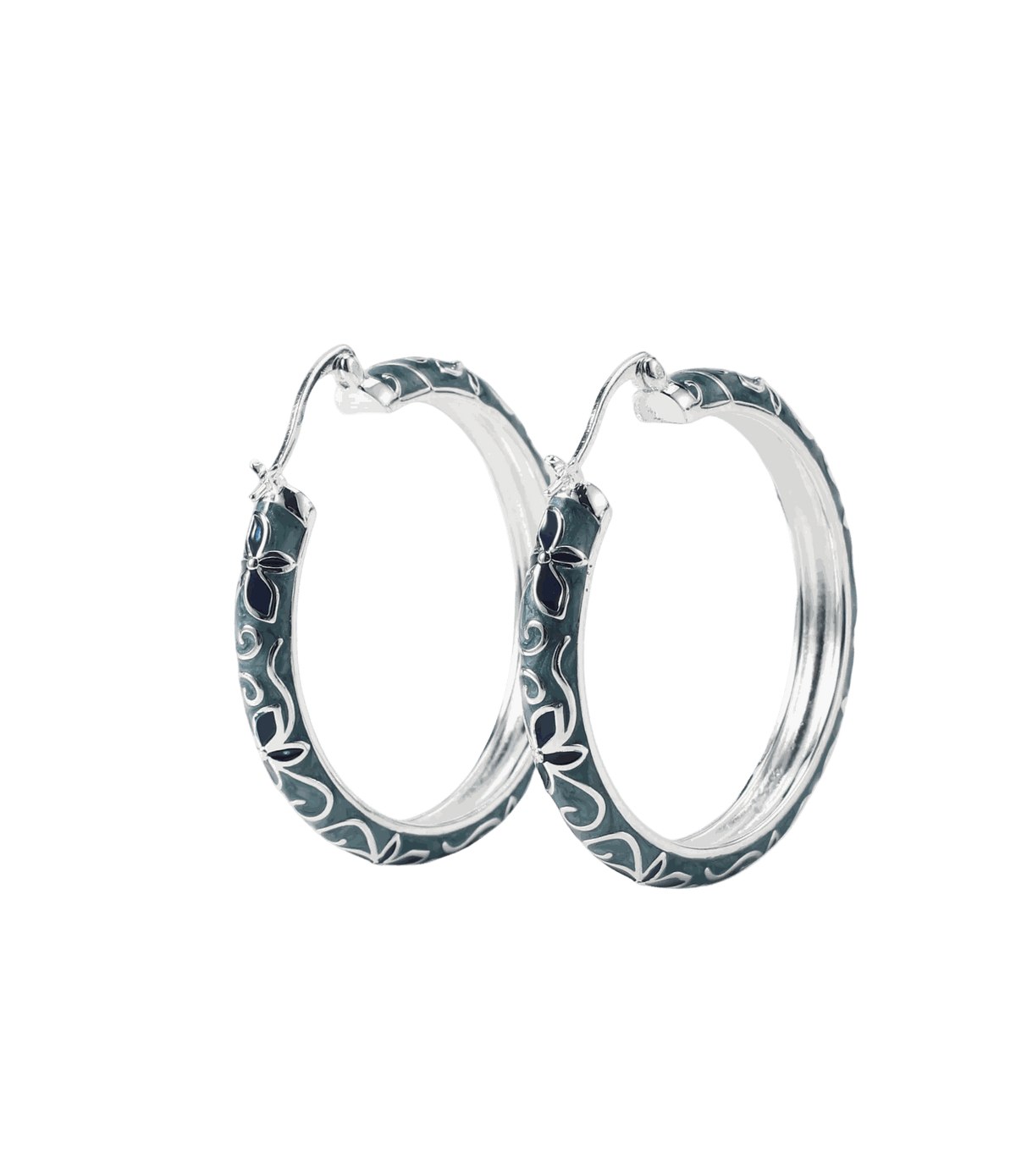 Primavera Enamel Earrings - Chinese cloisonné earrings, silver-toned hoops with dark blue enamel and white swirling details