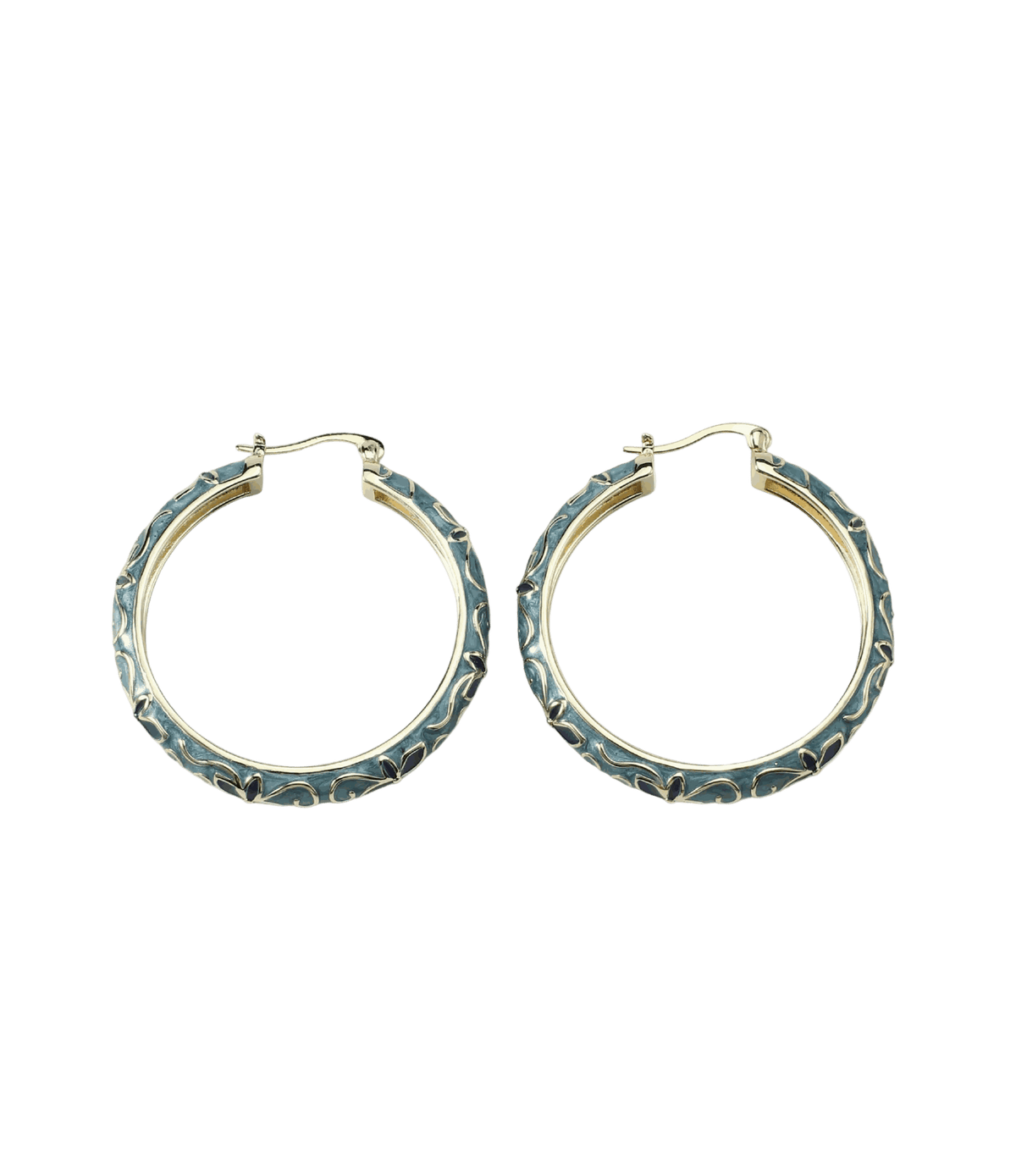 Primavera Enamel Earrings - Chinese cloisonné earrings, silver-toned hoops with pale blue enamel and gold accents