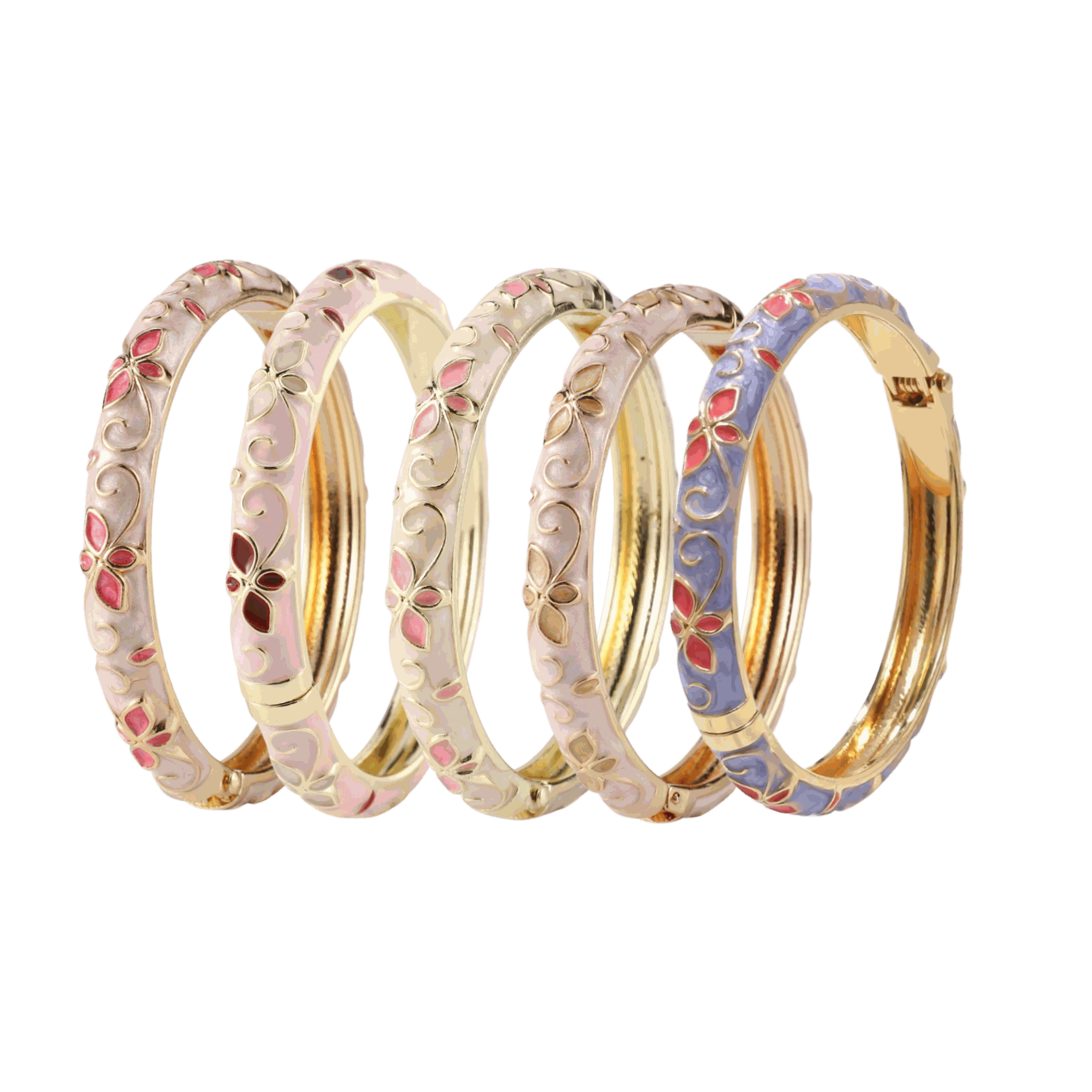 PRIMAVERA FLEUR BANGLE SET with five gold-tone bangles in cream, pink, peach and purple, decorated with floral enamel details.